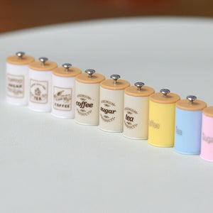 Colorful, white, and gray 1:6 miniature kitchen storage canisters