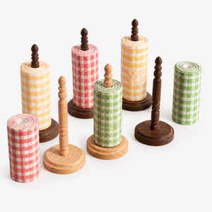 Gingham paper rolls with light and dark wooden holders for a 1:6 dollhouse