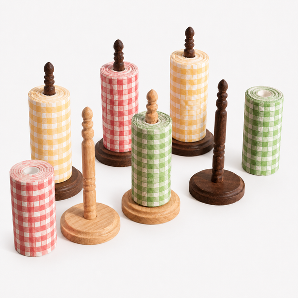 Gingham paper rolls with light and dark wooden holders for a 1:6 dollhouse