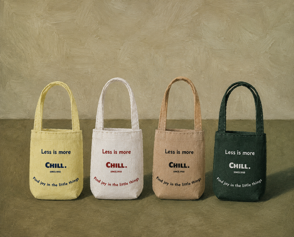 Four 1:6 miniature cotton tote bags in a neutral studio scene