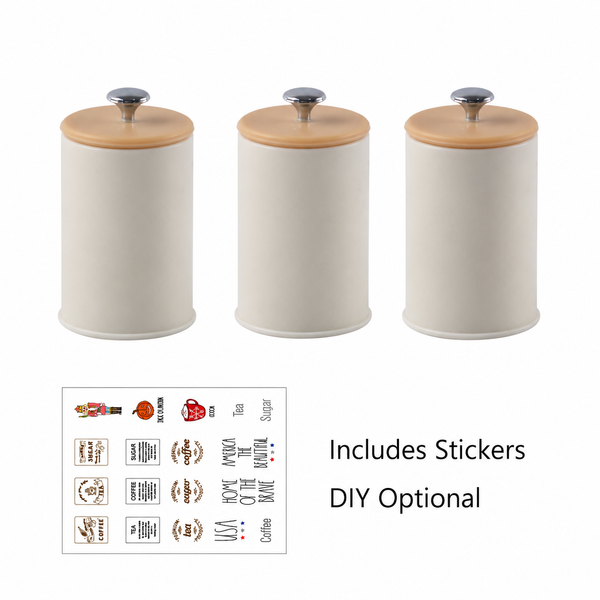 Three white miniature kitchen canisters with optional decorative label stickers