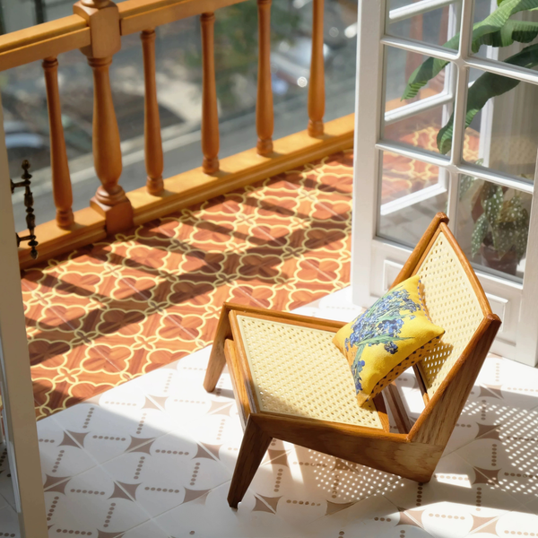 1:6 Dollhouse Miniature Oak Rattan Lounge Sofa Chair - 02-miniature-oak-rattan-lounge-sofa-chair-balcony-scene