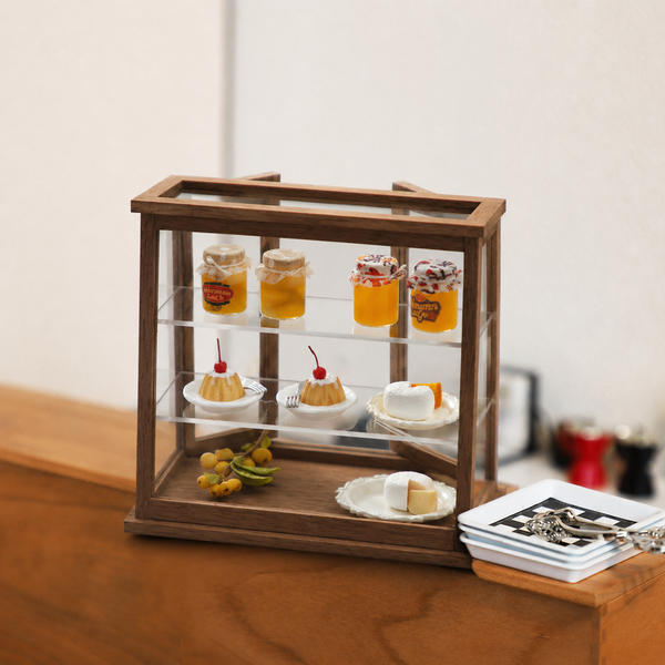 1:6 Dollhouse Miniature Wooden Dessert Display Cabinet - 02-miniature-wooden-dessert-display-cabinet-lifestyle