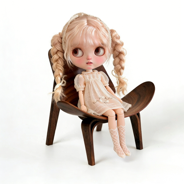 1:6 Dollhouse Miniature Wooden Shell Lounge Chair - 02-miniature-wooden-shell-lounge-chair-doll-lifestyle