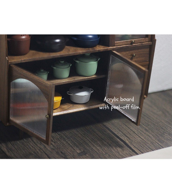 1:12 Dollhouse Miniature Wooden Three-Door Sideboard Cabinet - 02-miniature-wooden-three-door-sideboard-cabinet-open-door-lifestyle