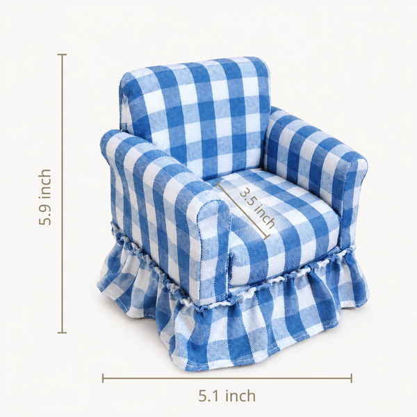 Blue gingham miniature skirted armchair with approximate dimensions