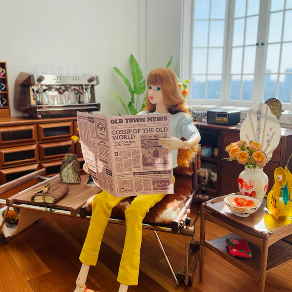 1:6 Dollhouse Miniature Cowhide Suede Lounge Chair with Side Table - 03-miniature-cowhide-suede-lounge-chair-side-table-doll-scene