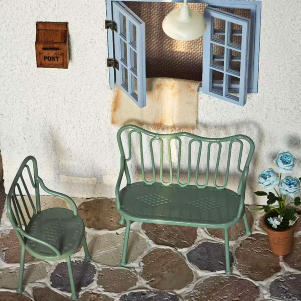 1:12 Dollhouse Miniature Metal Garden Chair and Table Set - 03-miniature-metal-garden-chair-table-set-lifestyle