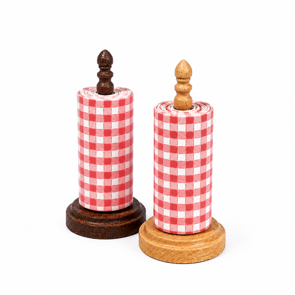 Red gingham miniature paper roll with light and dark wooden holders