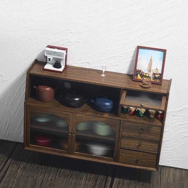 1:12 Dollhouse Miniature Wooden Three-Door Sideboard Cabinet - 03-miniature-wooden-three-door-sideboard-cabinet-shelf-lifestyle