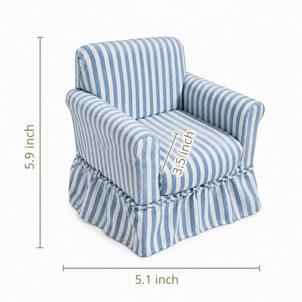 Blue striped miniature skirted armchair with approximate dimensions