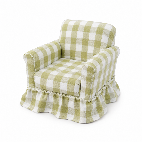 Green pure cotton gingham miniature skirted armchair on a white background