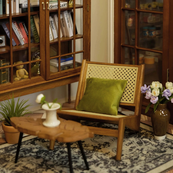 1:6 Dollhouse Miniature Oak Rattan Lounge Sofa Chair - 04-miniature-oak-rattan-lounge-sofa-chair-study-scene