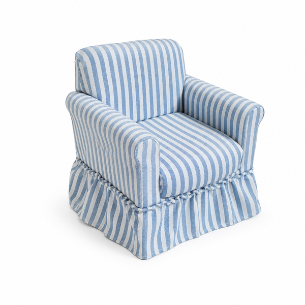 Blue pure cotton striped miniature skirted armchair on a white background