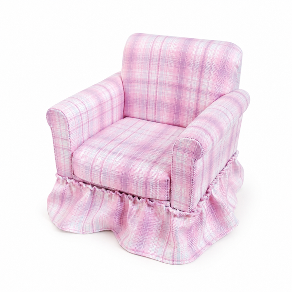 Pink pure cotton plaid miniature skirted armchair on a white background