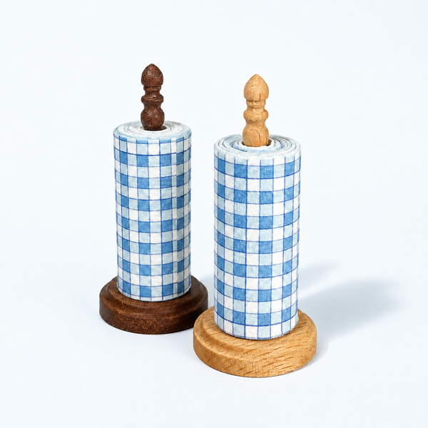 Blue gingham miniature paper roll with light and dark wooden holders