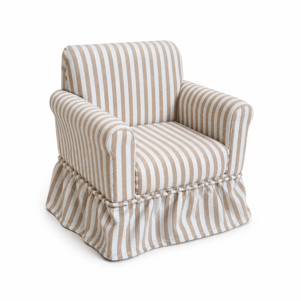 Beige pure cotton striped miniature skirted armchair on a white background
