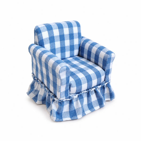 Blue pure cotton gingham miniature skirted armchair on a white background