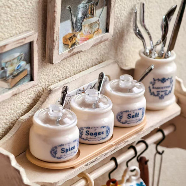 Miniature seasoning jar set on a wall shelf in a kitchen scene