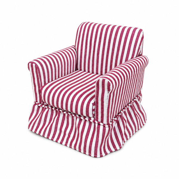 Red pure cotton striped miniature skirted armchair on a white background
