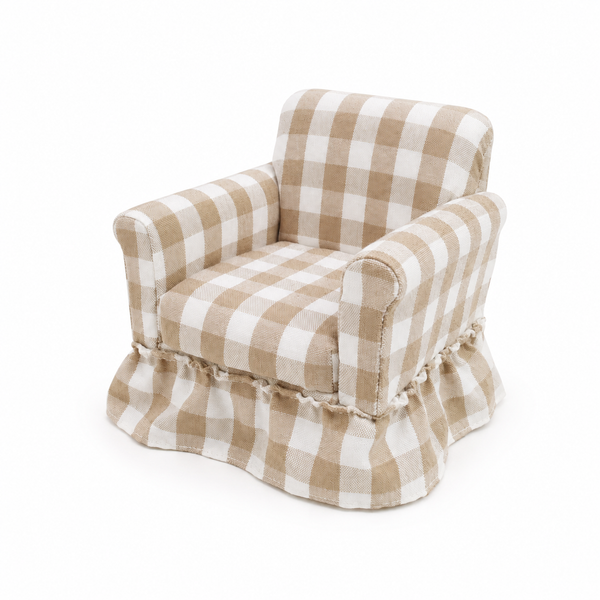 Beige pure cotton gingham miniature skirted armchair on a white background