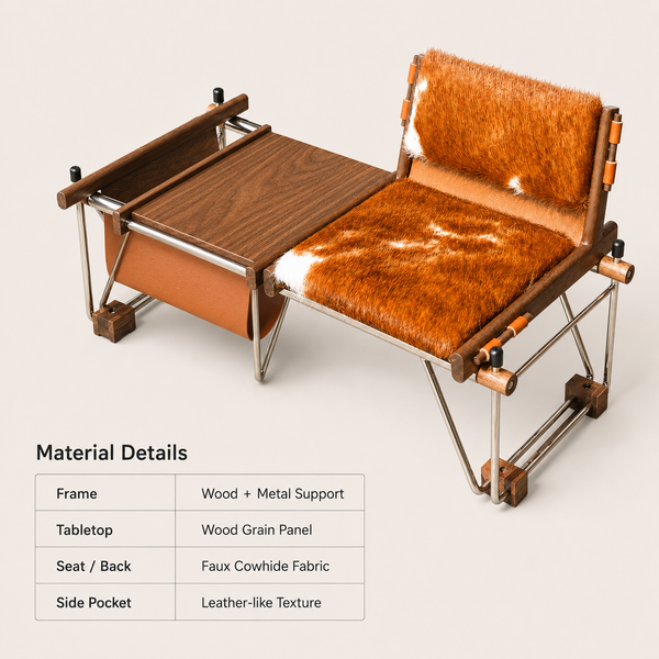 1:6 Dollhouse Miniature Cowhide Suede Lounge Chair with Side Table - 07-miniature-cowhide-suede-lounge-chair-side-table-detail