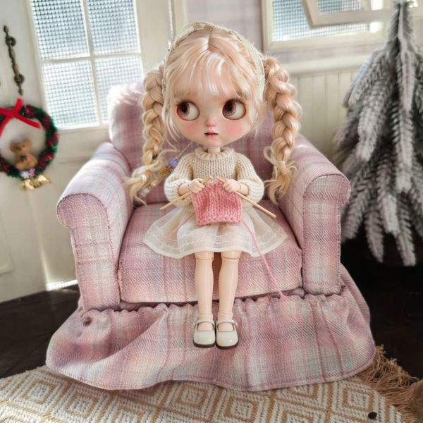 1:6 miniature blue striped skirted armchair with a 1:6 doll for scale